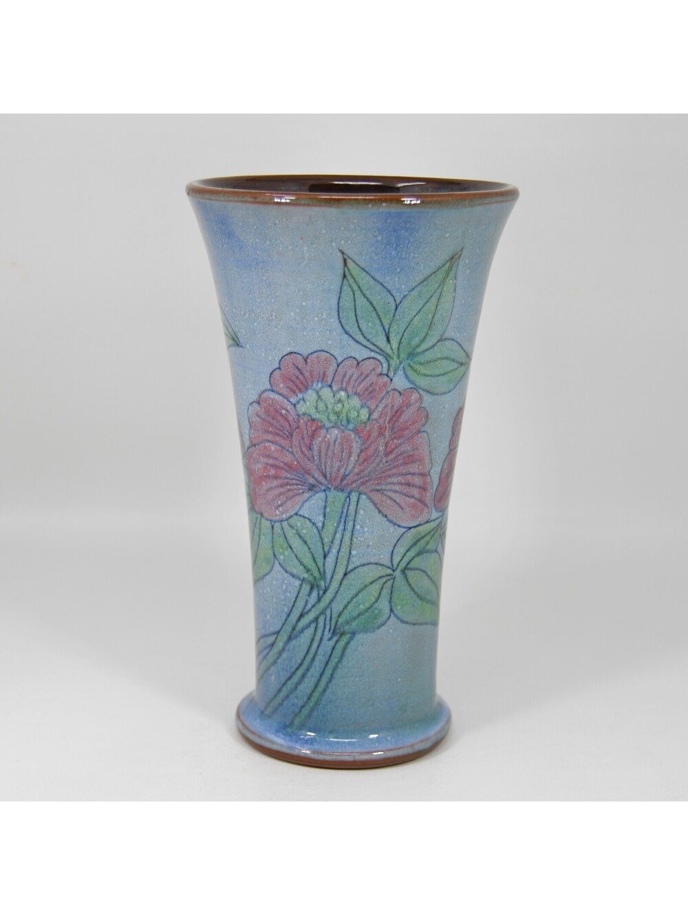 Chelsea England Studio Art Pottery 8” Blue Pink Peony Floral Vase 1950s VTG MCM